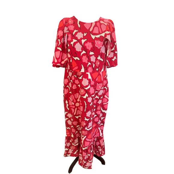 Rhode Zinnia Floral Print Bell Sleeve Midi Dress Red/Pink Floral Linen/Rayon 14 - Picture 2 of 15